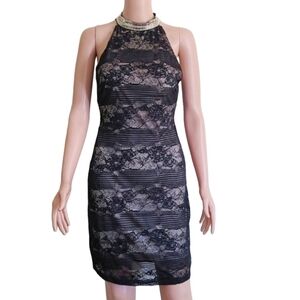 BEWARE Sleeveless‎ Black Lace Over Beige Cocktail Evening Dress Size M Medium